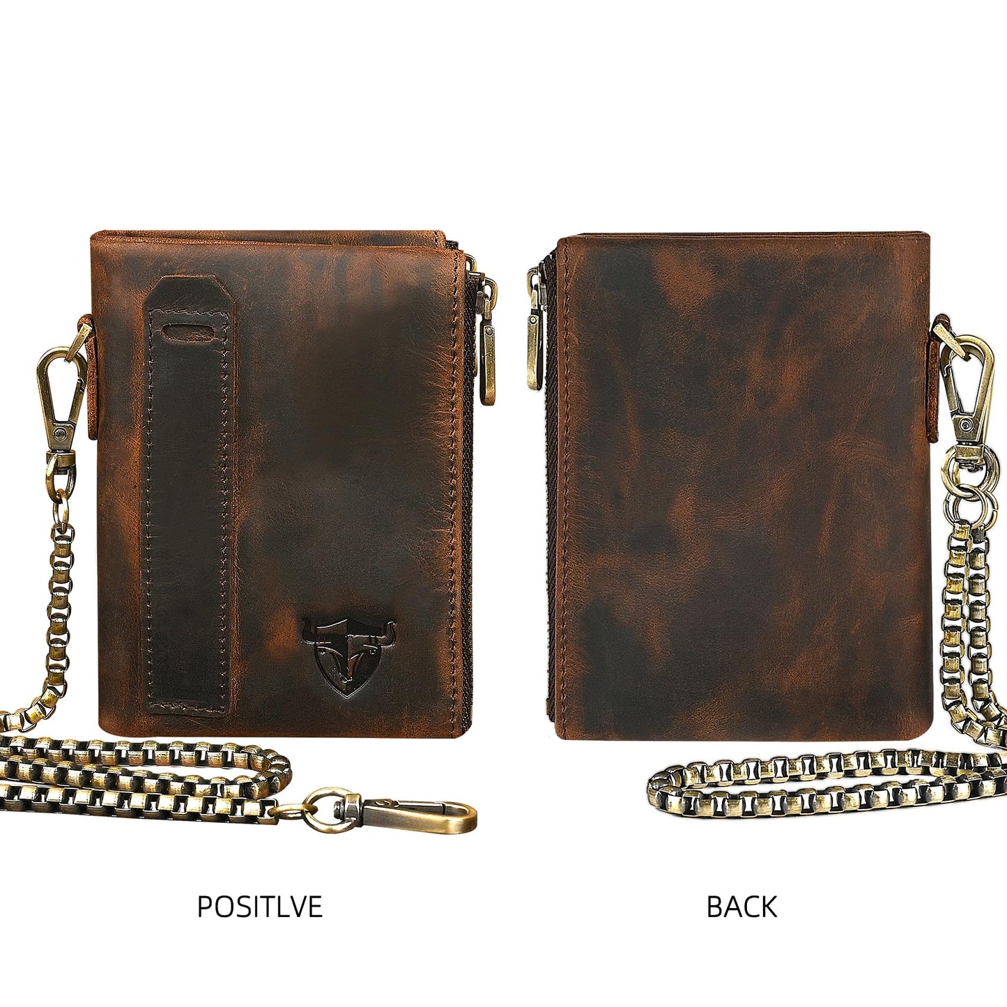 Handadsume Oil Wax Genuine Leather Travel Gift Coin Pocket Card Case Vertical Chain Rfid Wallet Purse With Snap For Men Male 1802 (Brown)
