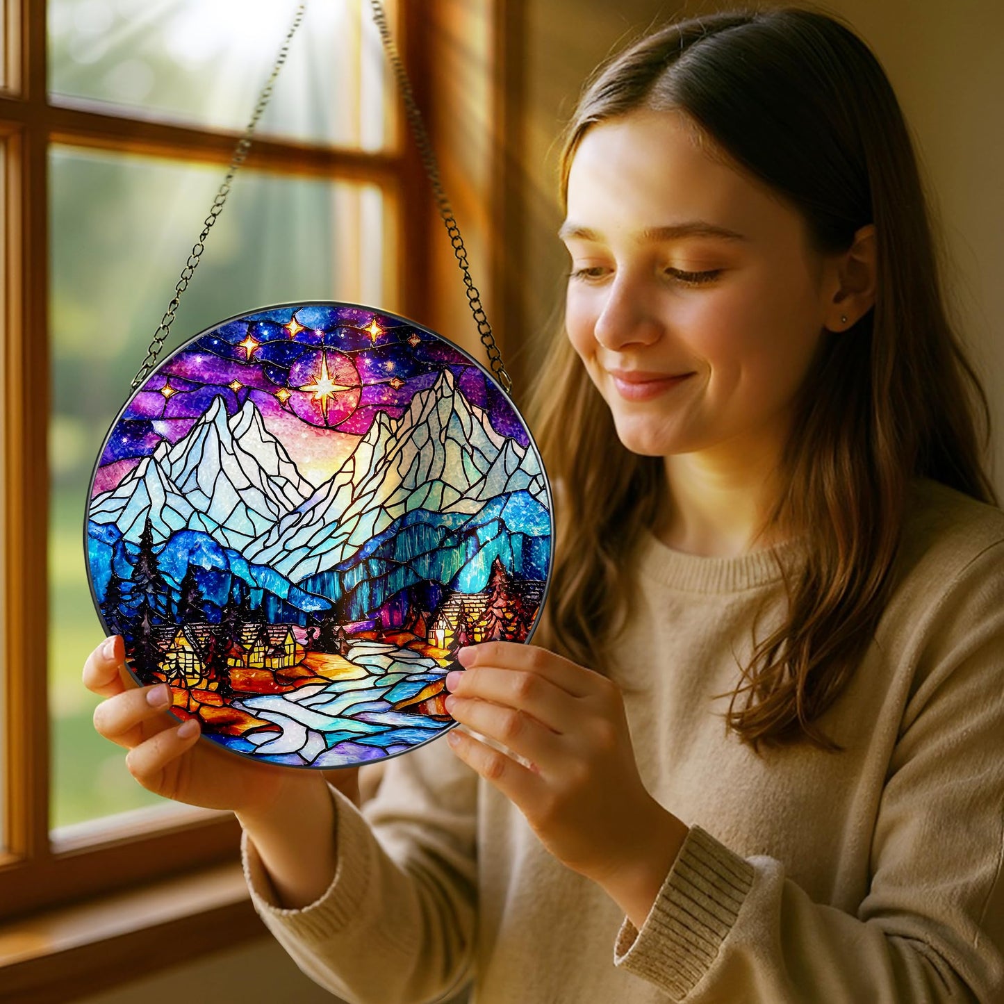 Stained Glass Window Hanging, Pauyadu 8 Inch Night Court Sun Catcher, Stained Glass Suncatcher Ornament, Suncatchers for Windows Hanging, Starlight Lover Gift, Gifts for Women, Friend, Lover