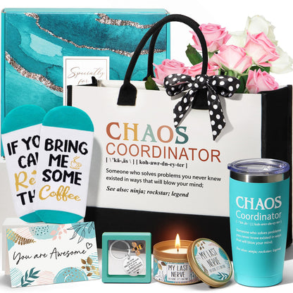 Thank You Gifts for Women, Administrative Professional Day Gifts, Chaos Coordinator Gift for Coworker Manager Boss Day Lady Nurse Employee Teacher Appreciation Birthday Easter Gift w/ Canvas Tote Bag