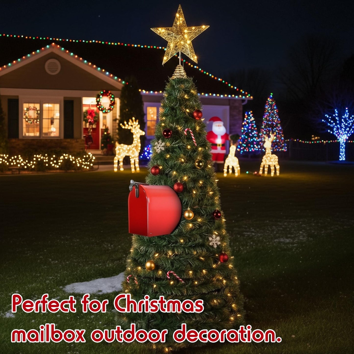 RoundFunny Mailbox Christmas Tree DIY Artificial Christmas Mail Box Swags Includes Metal Hexagonal Bracket 262.5 Ft Xmas Garland Xmas Star Topper for Home Outdoor Mail box Holiday Decor