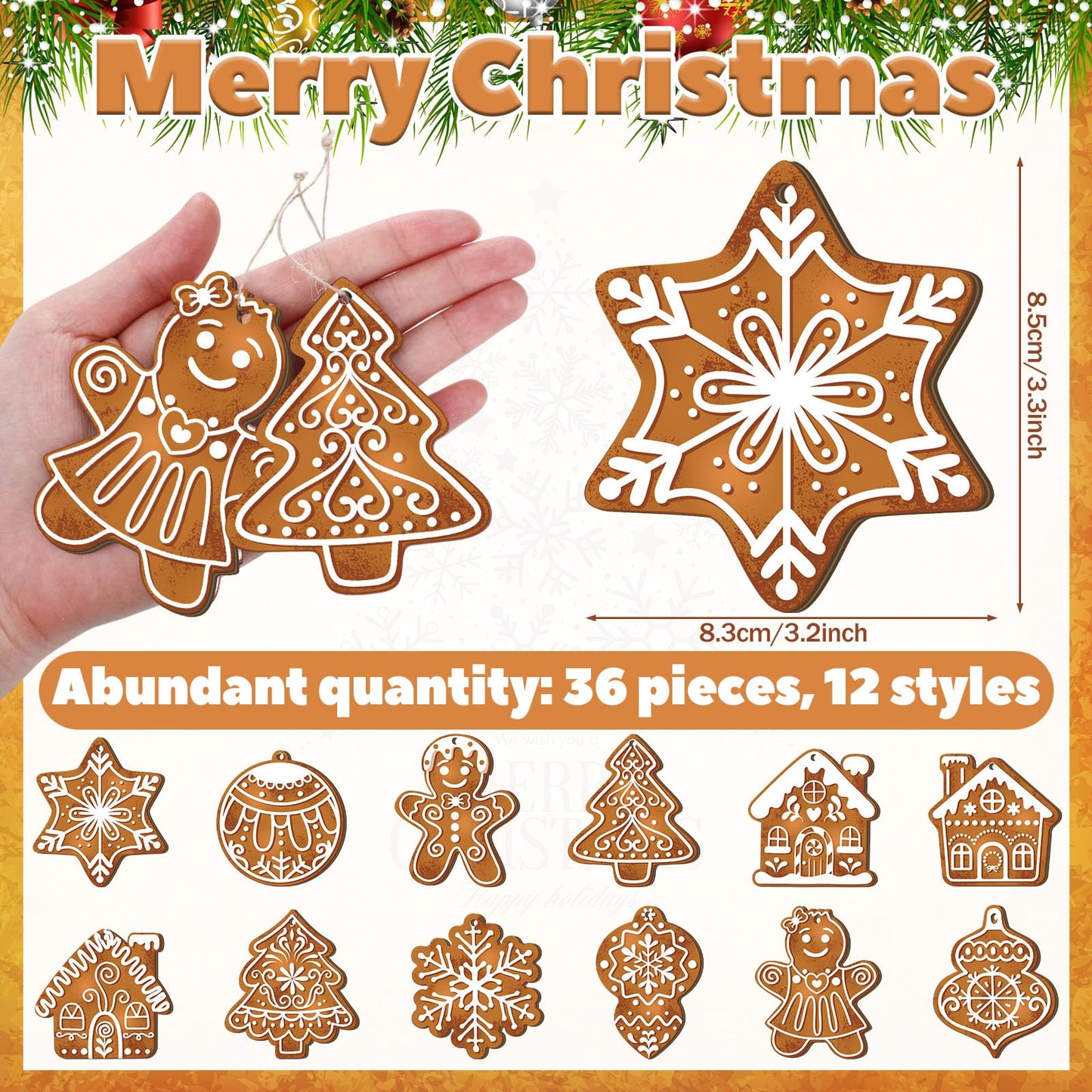 Quzzil 36 Pcs Christmas Gingerbread Ornaments for Tree Mini Snowflake Wooden Hanging Winter Xmas Ornaments with Ropes for Christmas Party Holiday Winter Crafts(Brown,36 Pcs,Gingerbread)