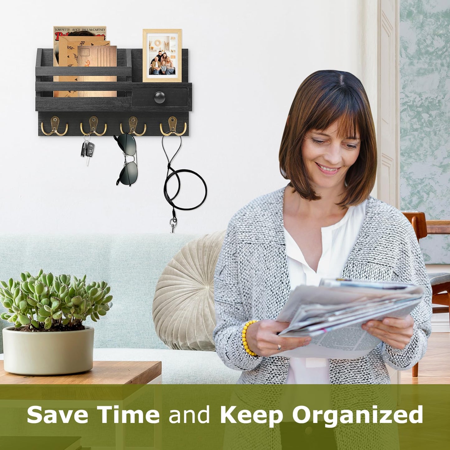 HOMEBROS Key Holder Wall Mount, Wooden Adhesive Mail and Key Organizer with Drawer, Small Shelf, 8 Hooks, 2 Installation Methods, Black