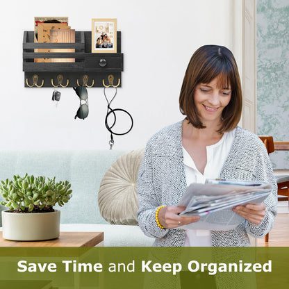 HOMEBROS Key Holder Wall Mount, Wooden Adhesive Mail and Key Organizer with Drawer, Small Shelf, 8 Hooks, 2 Installation Methods, Black