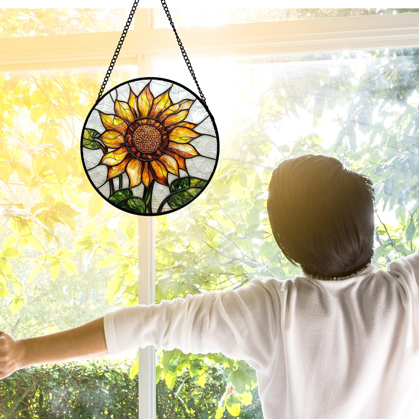 DASTOLL Stained Glass Window Hanging - Sunflower Flower Suncatcher Ready to Hang Window Doors Home Decoration and Christmas, Mother's Day Birthday Gifts for Women, Men, and Mom 6.3x6.3 in