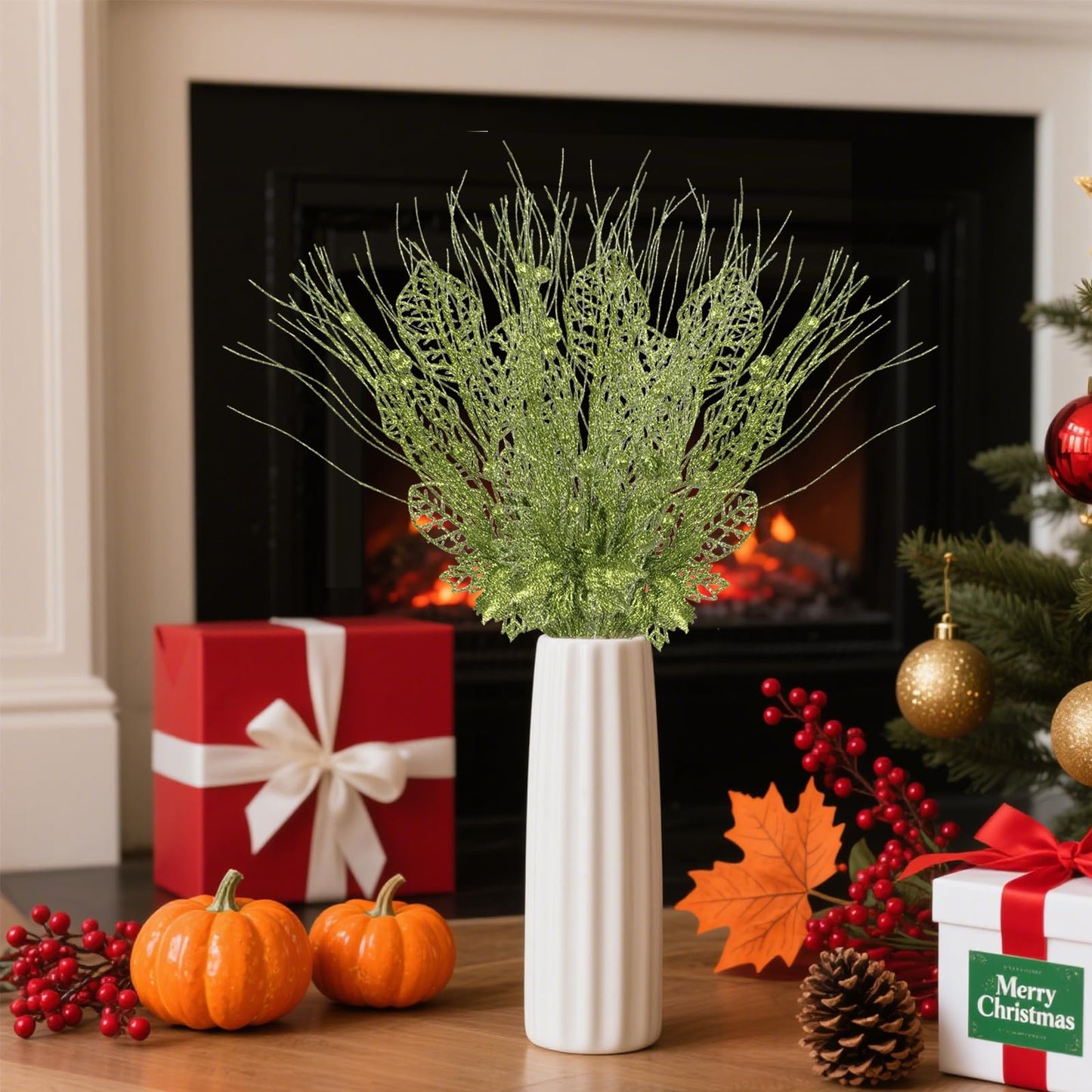 IPOPU 18 Pcs Christmas Tree Picks and Sprays, Green Giltter Berry Flowers Stems 17.7" Artificial Curly Willow Branches for Xmas Wreath Decorations Vase Filler Holiday Centerpieces (Green)