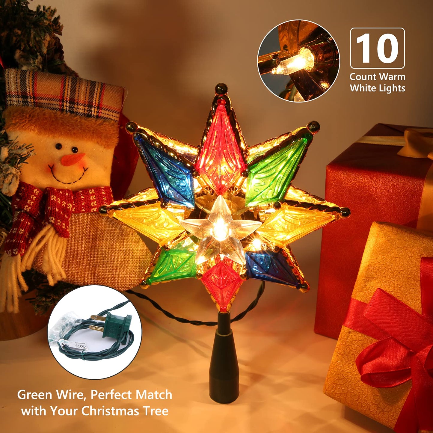 Brizled Christmas Star Tree Topper, 8" Lighted Double-Sided Christmas Tree Topper, 8-Point Multi Color Xmas Tree Topper with 10 Warm Lights, 120V UL Certified Tree Star for Christmas Tree Party Home