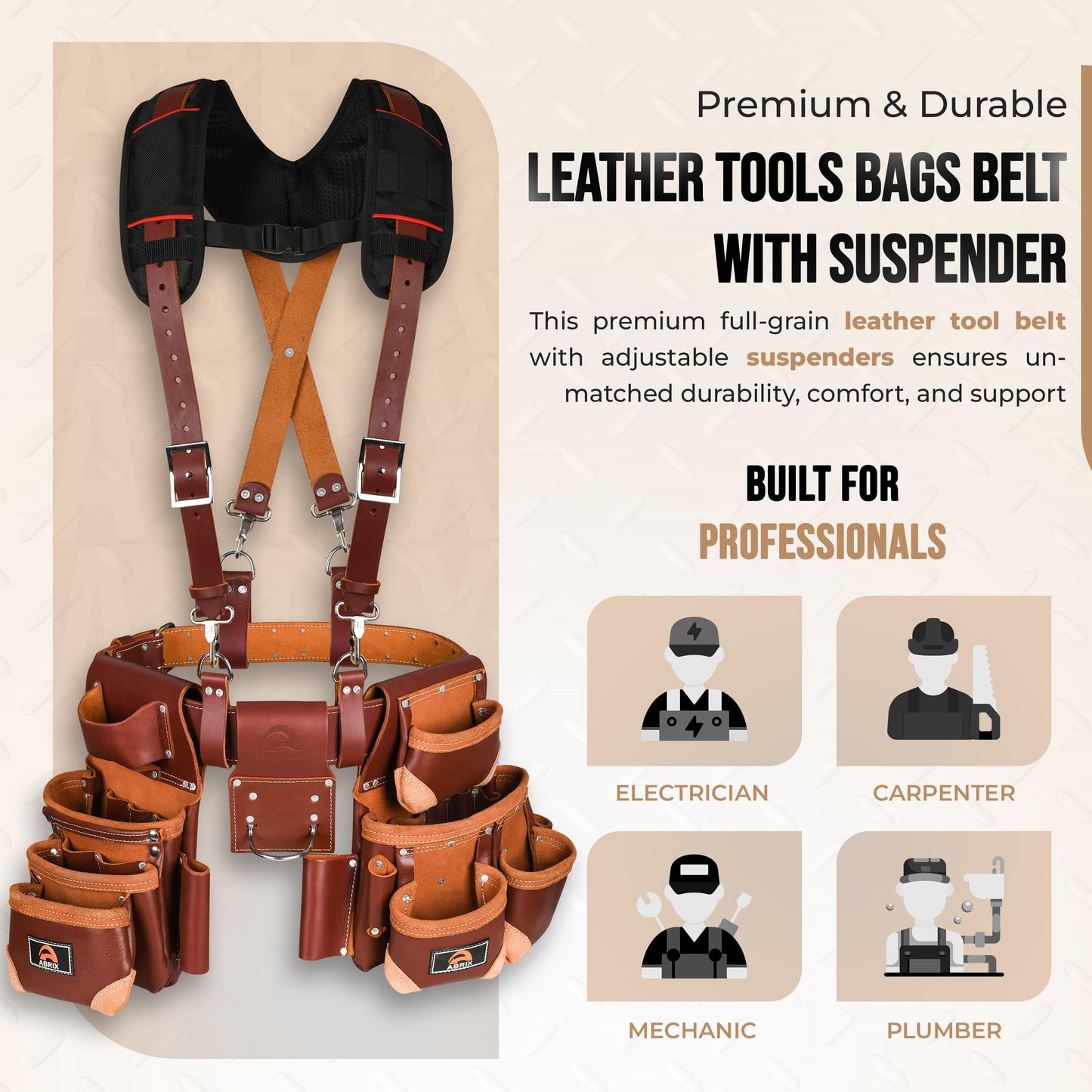 ABRIX Heavy Duty Tool Belt for Men – 4MM Thick Genuine Leather, Brass Buckle & Rivets | Foam Padded Comfort | 28-Pocket Carpenter & Framing Rig with Suspender | Work Belt Fit upto 32" to 52"