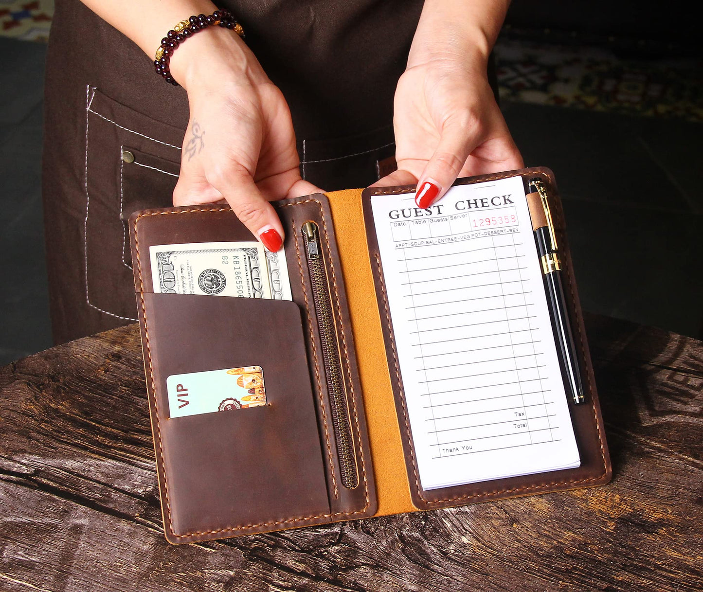 Server Book Organizer with Zipper Pocket, Genuine Leather Restaurant Guest Check Presenters Card Holder for Waitress, Waiter Accessories Fit Server Apron - Brown
