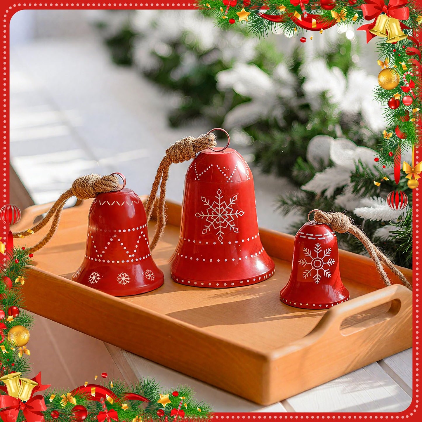 Halloscume 3 Set Snowflake Cow Bells Gift Winter Decor, Large Red Metal Bell Ornaments Decorations, Rustic Winter Outside Home Wind Chime for Christmas Tree Holiday Xmas Party Decoration