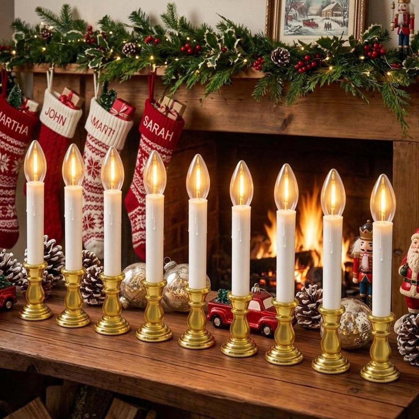 10 Pack Flameless Window Candles with Timer (6H/18H), Christmas Warm White LED Candlesticks, Gold Base & Suction Cups, Battery Operated Window Lights for Indoor Home, Wedding, Party & Holiday Décor