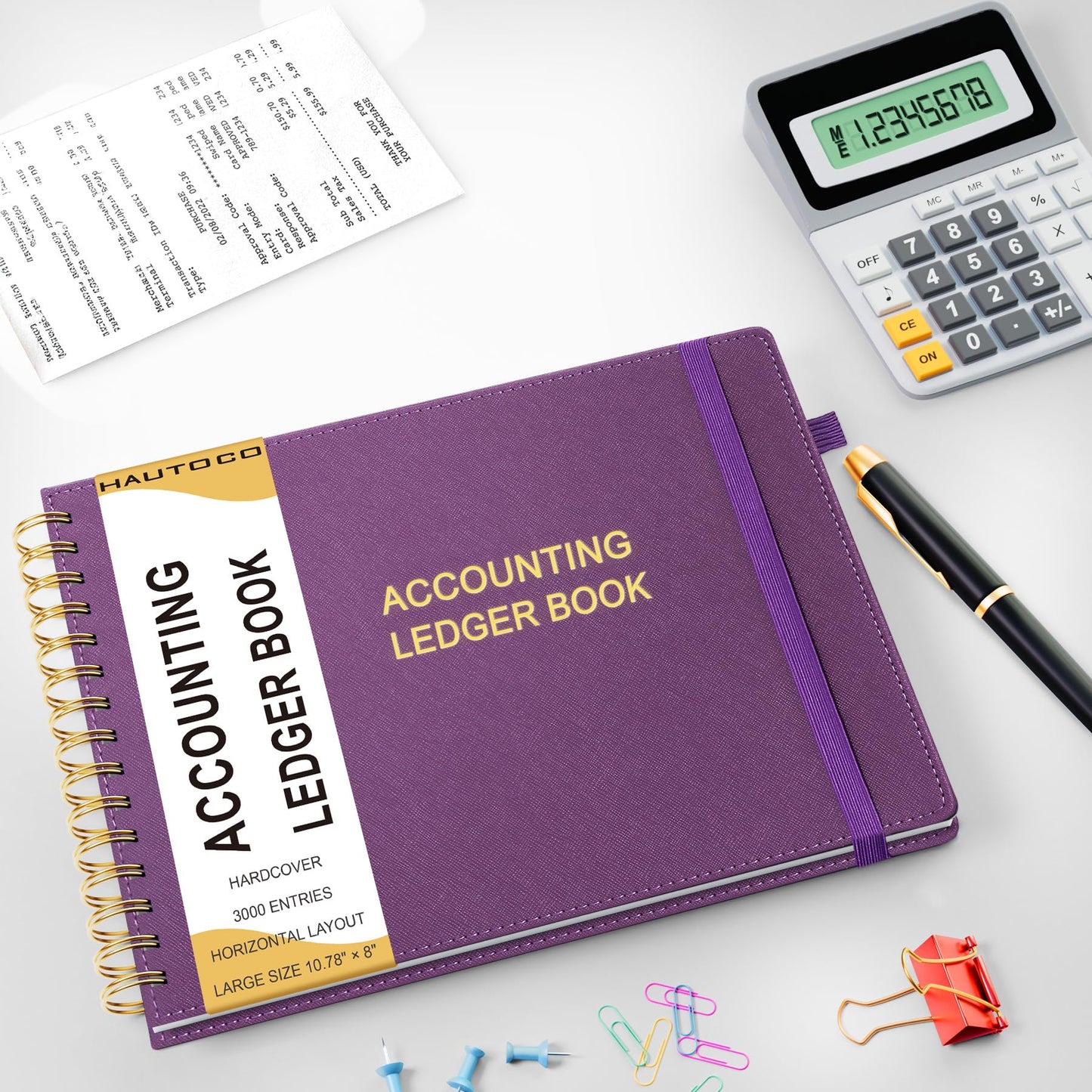 HAUTOCO Hardcover Accounting Ledger Book for Small Business Bookkeeping Horizontal Money Expense Tracker Notebook with 2 Storage Pouch, Personal Columnar Log Journal 10.78 x 8'', Deep Purple
