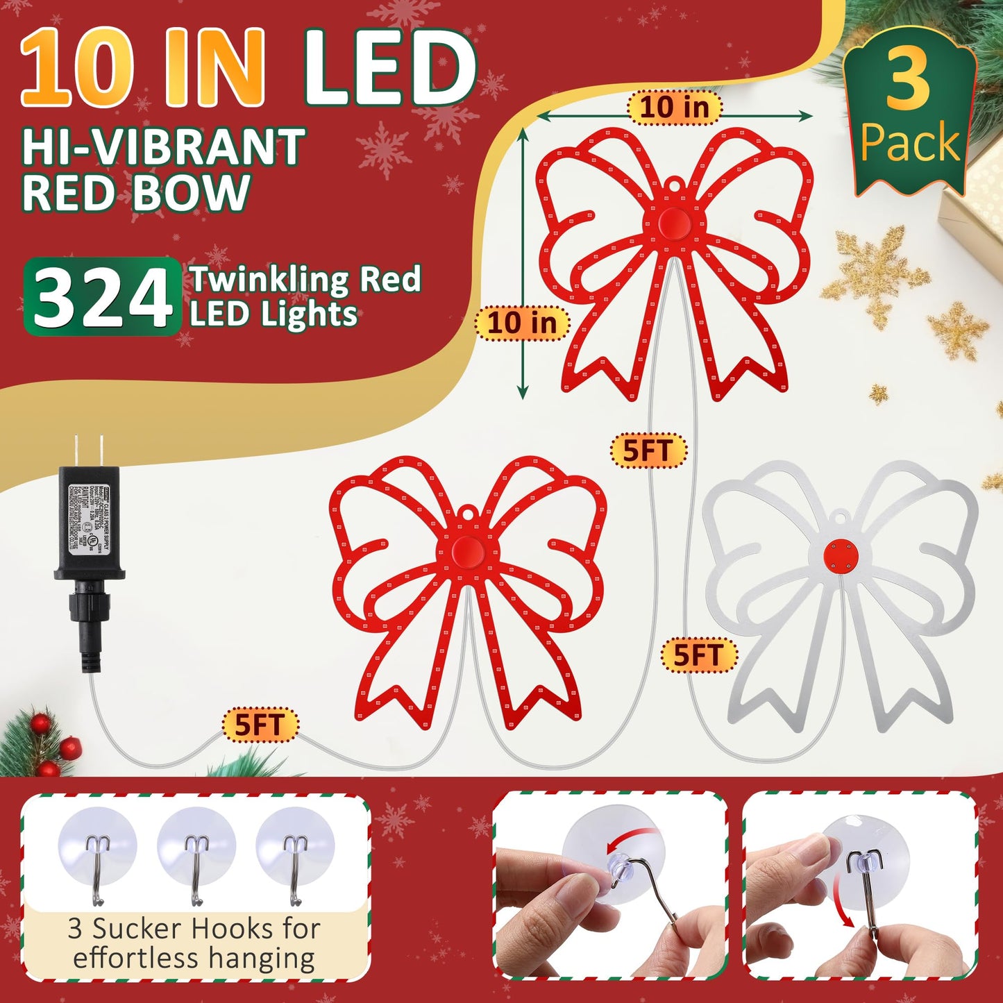 ElectricWise 3 Pack Hi Vibrant Twinkling LED Christmas Bow Decoration, 10'' Christmas Bow Window Lights, Waterproof Lighted Window Silhouette Lights for Holiday Wall Door Xmas Decor