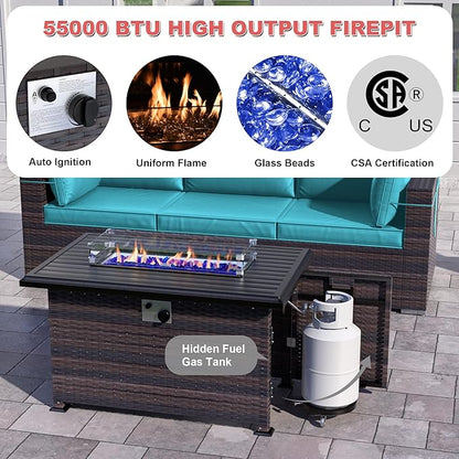 Kurapika 10 Pieces Patio Furniture Set, Rattan Wicker Outdoor Conversation Sets w/43in Propane Fire Pit Table and 4 Inch Cushion(Blue)