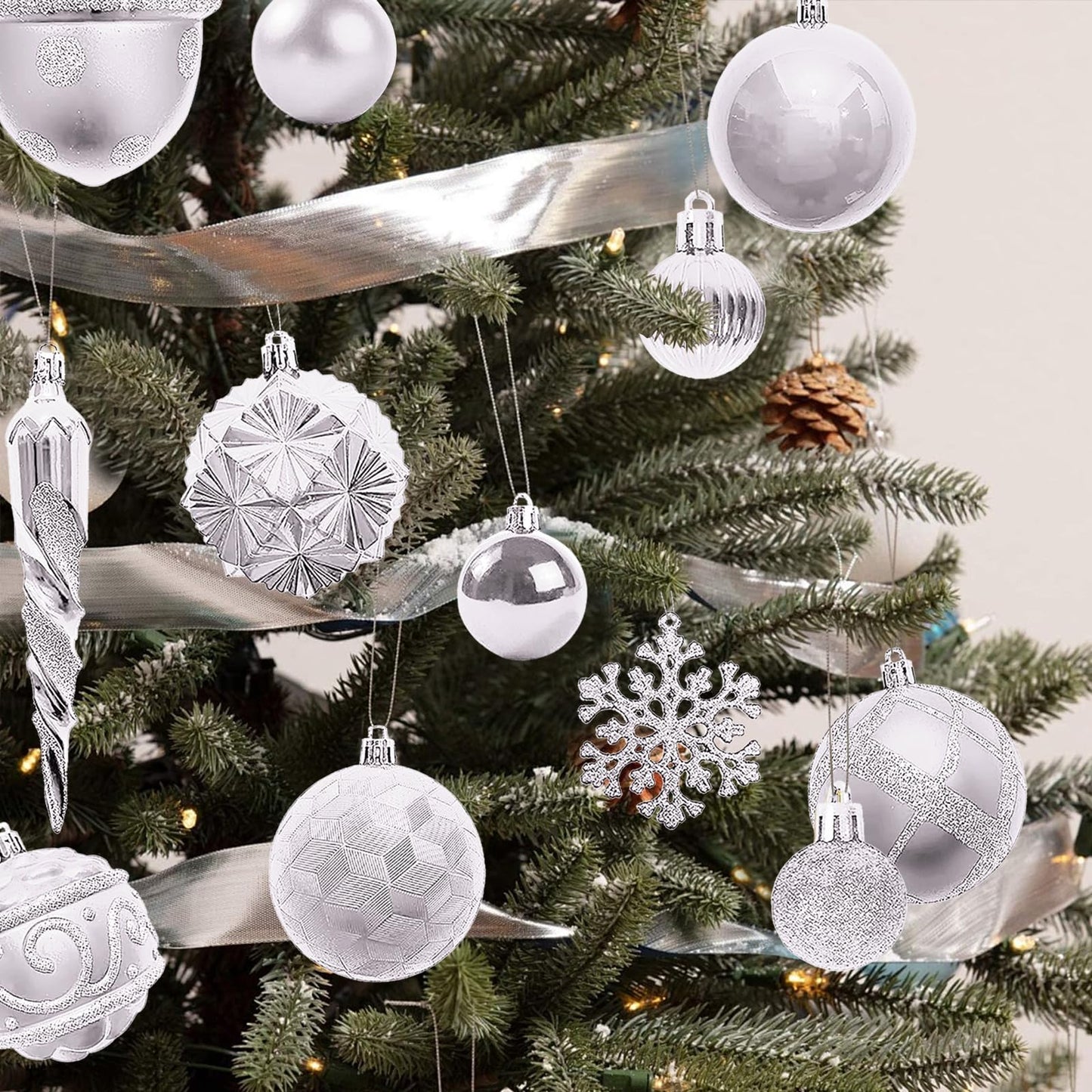 Napzy 62 Count Shatterproof Christmas Ball Ornaments Set, Silver Christmas Tree Decorations for Xmas Holiday Party Decor, Wreath and Garland Hanging Balls