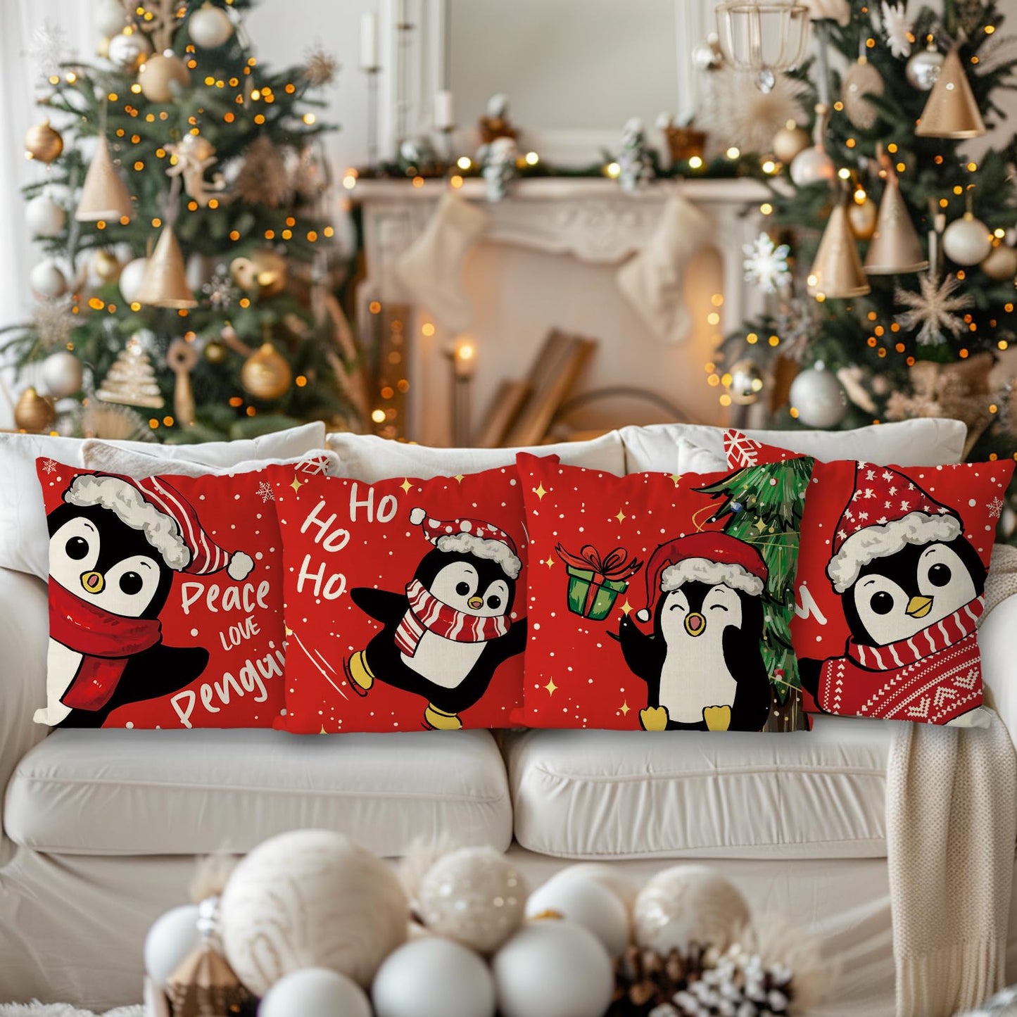 QIONG MENG Christmas Pillow Covers 18x18 Inch Set of 4 Penguin Christmas Decorations Pillowcase Xmas Red Throw Pillow Covers Home Sofa Living Room Decorative Cushion Case