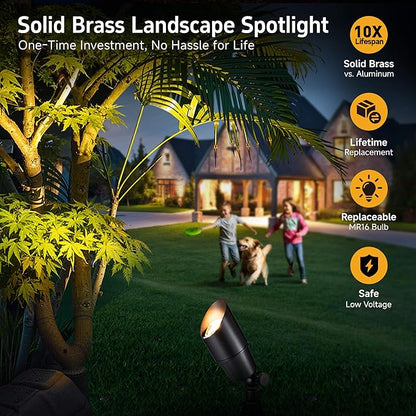 Gardenreet Brass Landscape Lighting - Black Outdoor Low Voltage Spotlights LED, 12V Wired Uplights, Waterproof Spot Lights for Outside Trees with 5W 5000K Daylight MR16 Bulb (4 Pack)