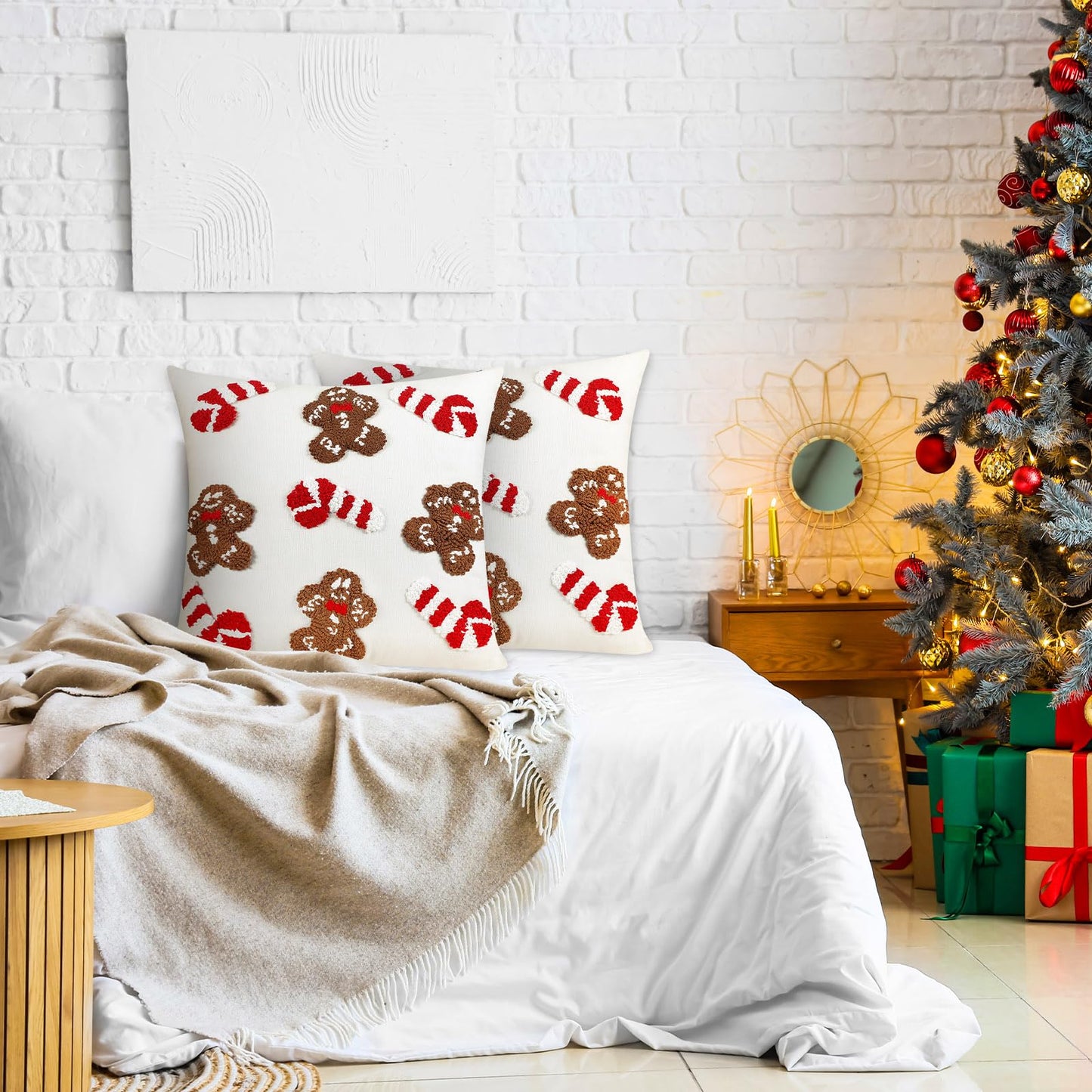 Mixweer 2 Pcs Tufted Christmas Throw Pillow Cover 18 x 18 Inch Gingerbread Pillow Covers 3D Candy Xmas Pillows Case Decorative Soft Cushion Cover for Sofa Couch Bed Room