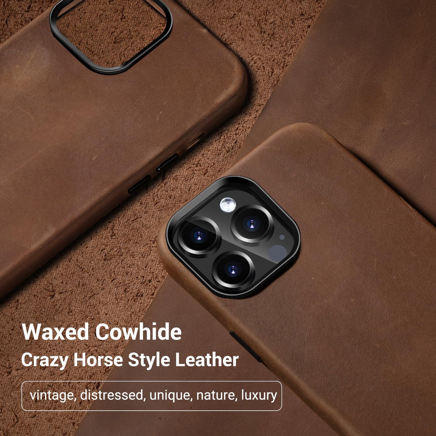 Belemay Compatible with iPhone 14 Pro Leather Case Magsafe - Top Grain Vintage Crazy Horse Leather - Metal Buttons & Camera Bezel Bump - Slim Fit & Soft - Premium Phone Cover (6.1-inch) Retro Brown