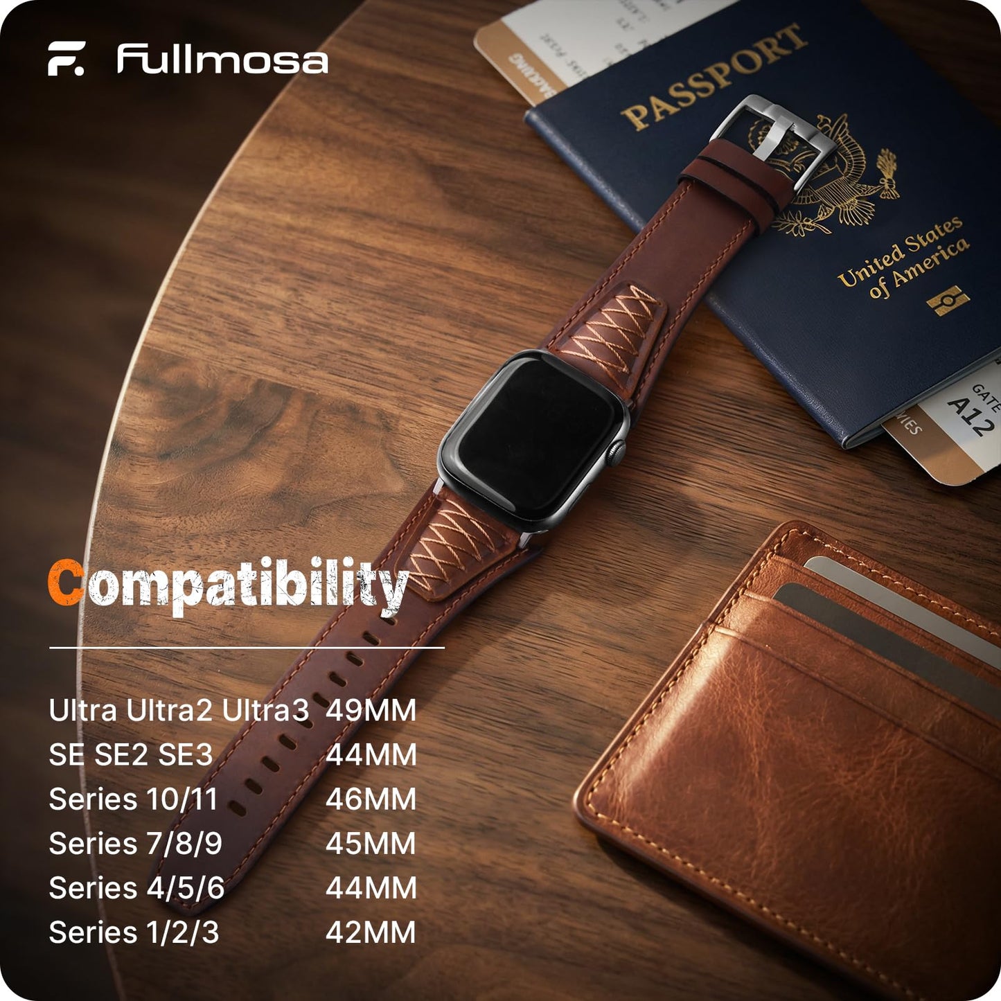Fullmosa Leather Band Compatible with Apple Watch Ultra 3/2/1 Band 49mm 46mm 45mm 44mm 42mm Men, Top Grain Leather Replacement Strap for iWatch series 11 10 9 8 7 6 5 4 3 2 1, SE 3 2 1,Dark Brown+Silver