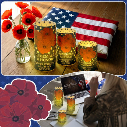 Baquler 3 Set Patriotic Flameless Candles White Red Blue Lampshade with LED Tea Lights Star Poppy Flower Candle Decorations for Independence 4th of July Veterans Day Tabletop Home Decor