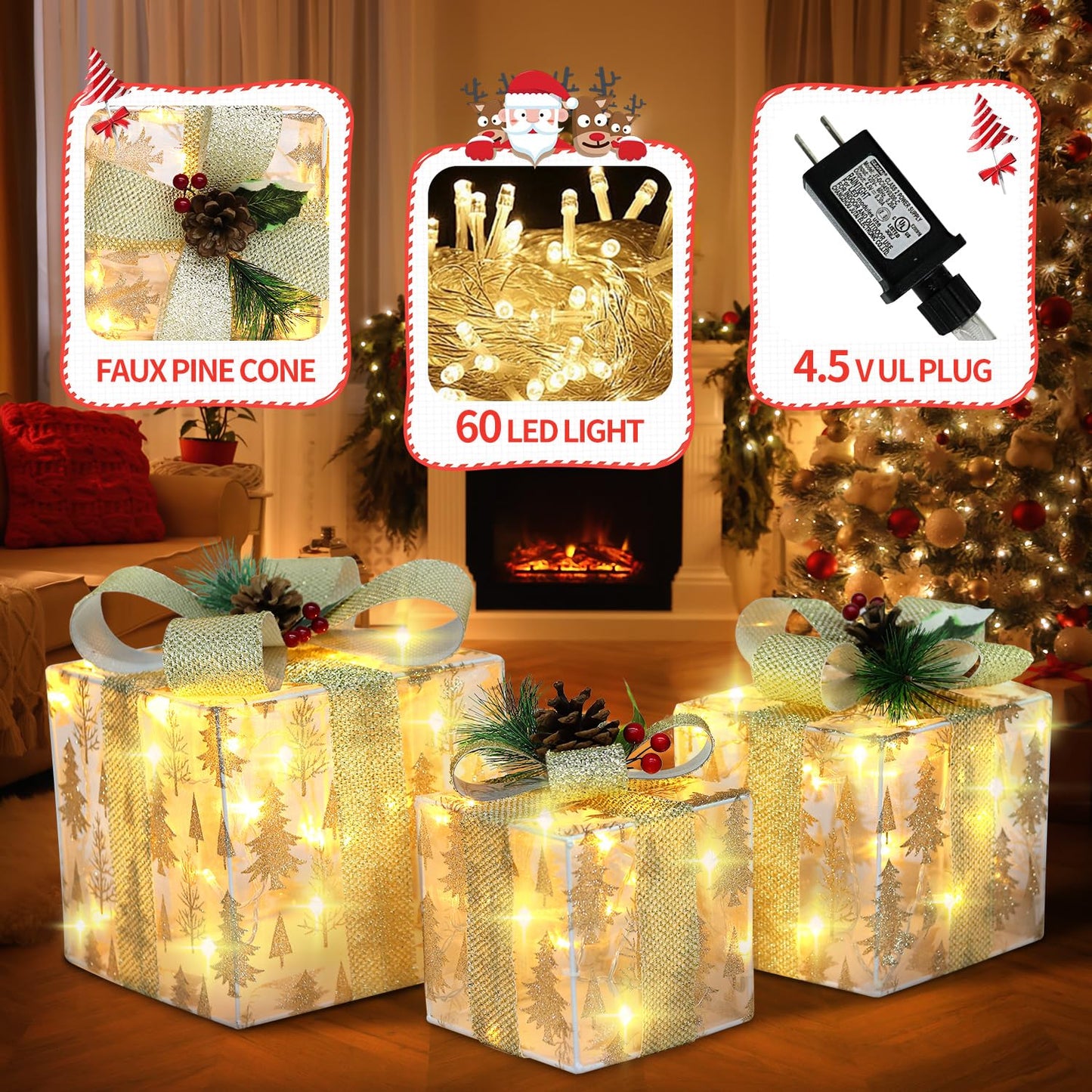 DomKom Set of 3 Nesting Christmas Lighted Gift Boxes - Indoor/Outdoor LED Present Decorations with Metal Frame, Silver Bows & Pinecone Accents - Pre-Lit Holiday Yard & Home Decor