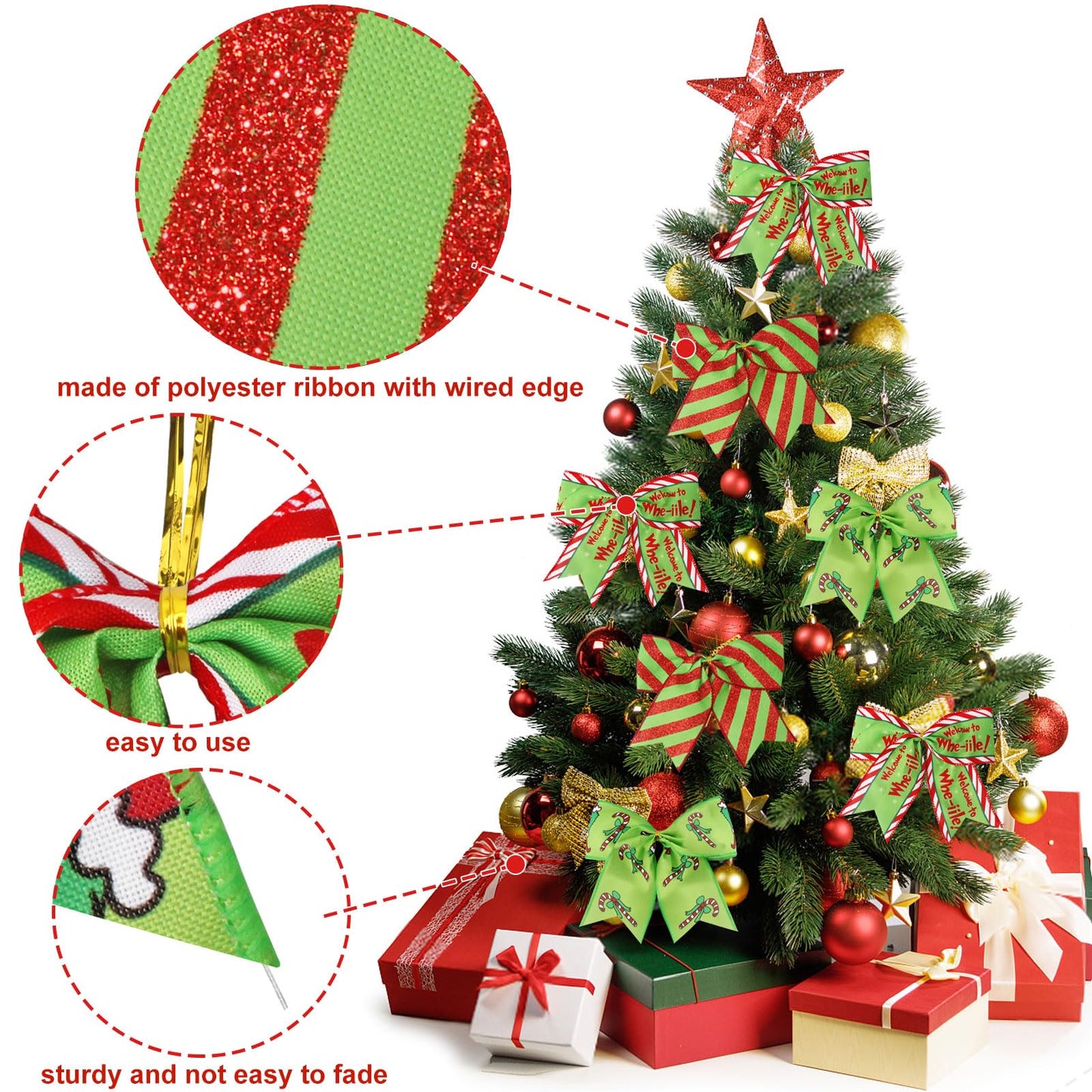 Wninbu 12 Pcs Red Green Christmas Bows,6 Inch Large Wreaths Bows for Tree Gift Wrapping Garland,Christmas Decoration Holiday Party Crafts Xmas Tree Ribbon Ornaments (Pattern)