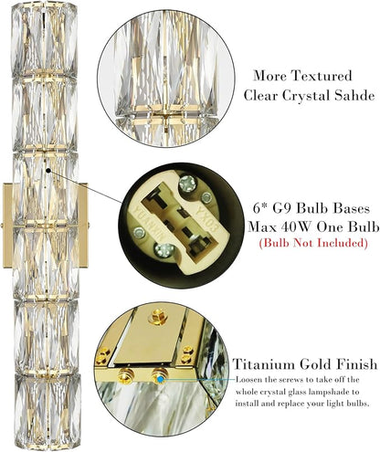 SAMTEEN 23.6-Inch Crystal Wall Sconce Gold Sconces Wall Lighting Mid-Century Modern 6-Light Wall Mount Light Brass Glass Wall Light Fixture for Bathroom Bedroom Hallway
