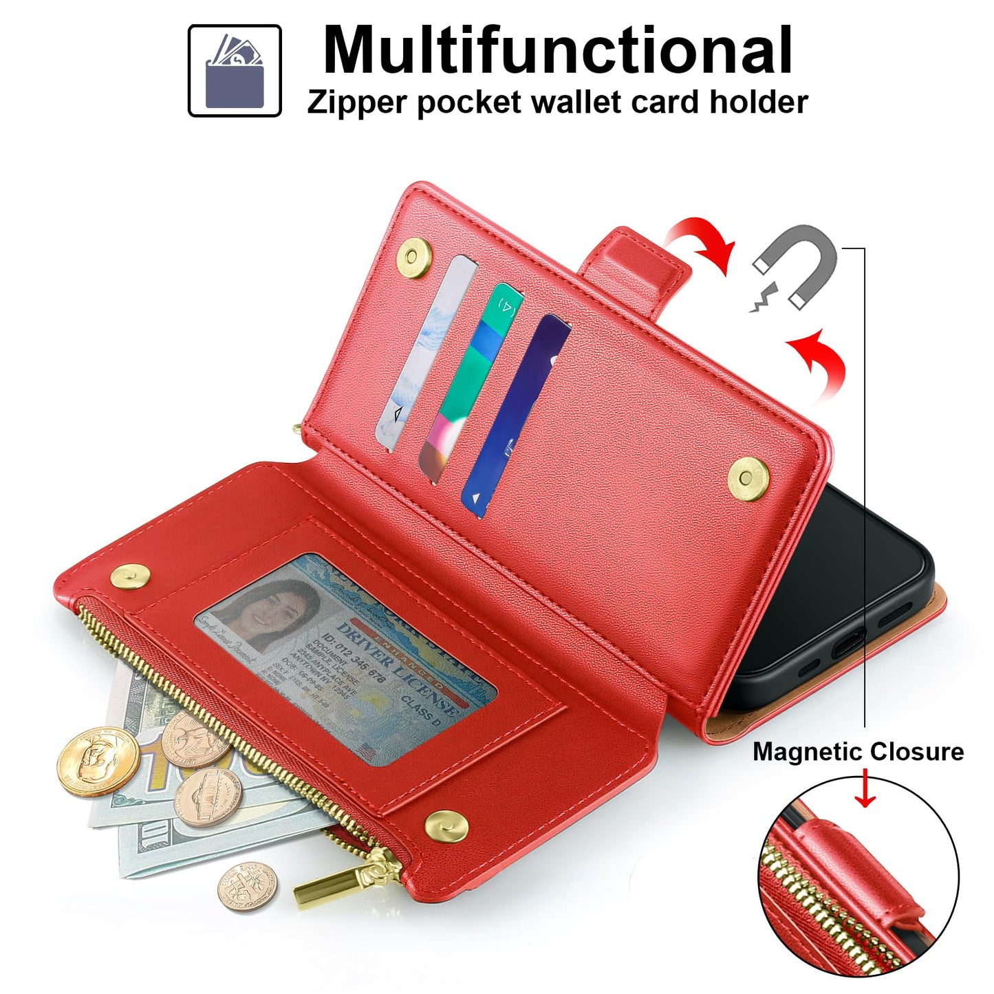 Antsturdy Compatible with iPhone 17 Wallet Case Women,RFID Blocking PU Leather Phone Case Men Kickstand Flip Folio Cover Wrist Strap Zipper Credit Card Holder Slots for Apple 17 6.3",Red