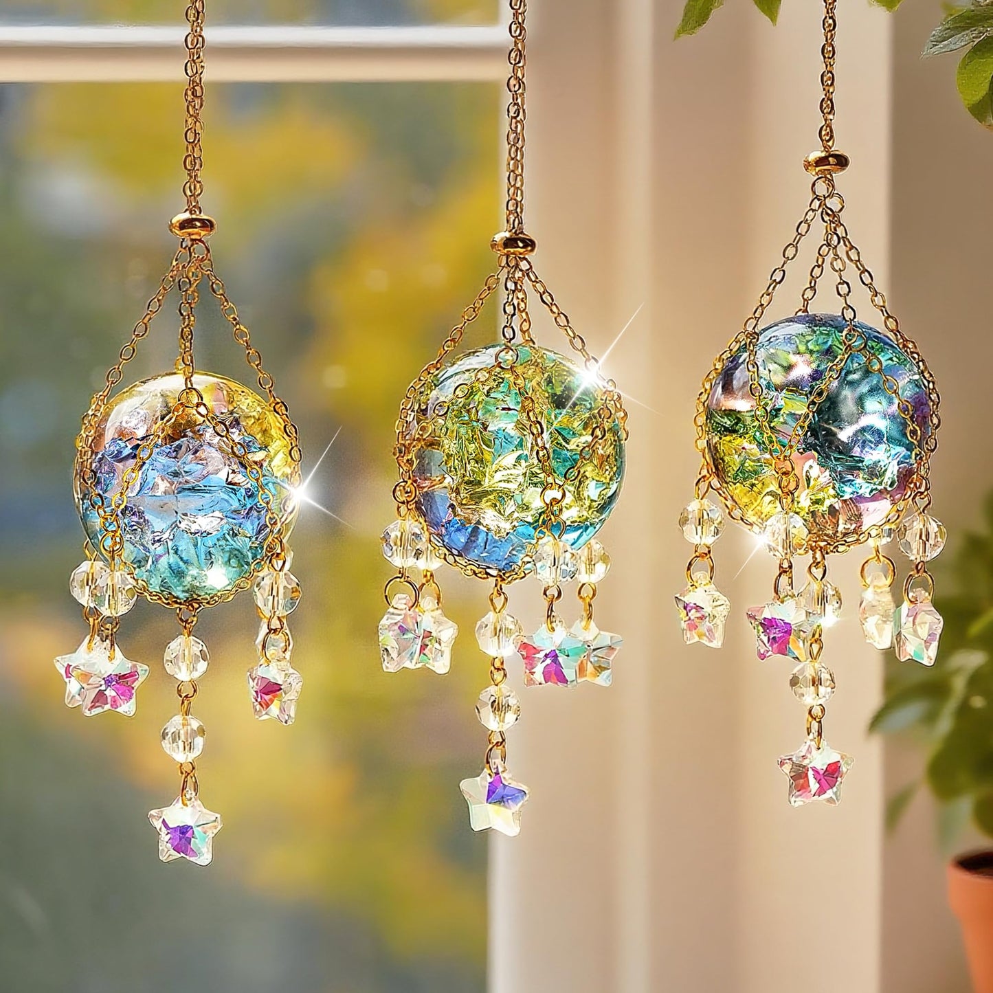H&D HYALINE & DORA 3 Pcs Crystal Suncatchers with 40mm Ice Cracked Ball Window Hanging Decor for Healing Yoga Meditation