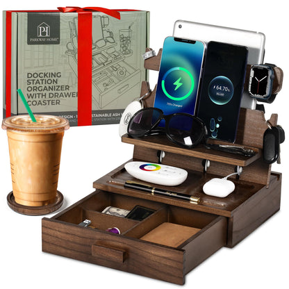 Black Wood Phone Docking Station for up to 3 Phones - Nightstand Organizer for Men & Women, Compatible with Apple Watch, Holds Phones, Tablets, Keys, Rings, Glasses, Watches, EDC & More