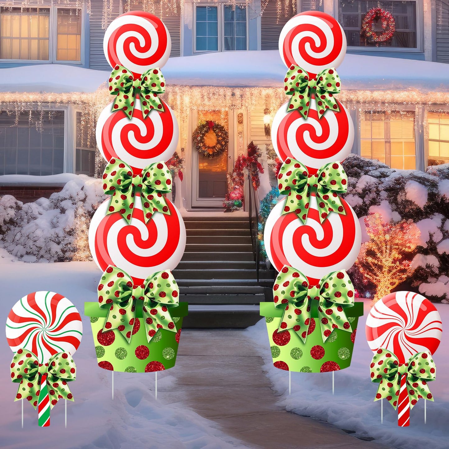 Meonum 4 Pcs Peppermint Candy Christmas Decorations Outdoor Large Christmas Yard Stakes Lime Green and Red Xmas Candy Garden Lawn Signs with Stakes and Bow for Home Pathway Walkway Party Decor(Green)