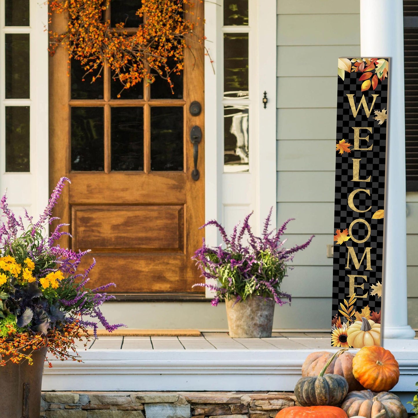 Fall Wooden Porch Sign 47" Autumn Pumpkin Maple Leaf Front Door Welcome Sign Vertical Standing Sign For Garden Home Yard Farmhouse Thanksgiving Decor