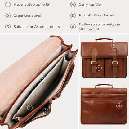 Time Resistance Leather Briefcase for Men - Handcrafted in Italy Full Grain Messenger Bag - Laptop Bag (Cognac Brown)