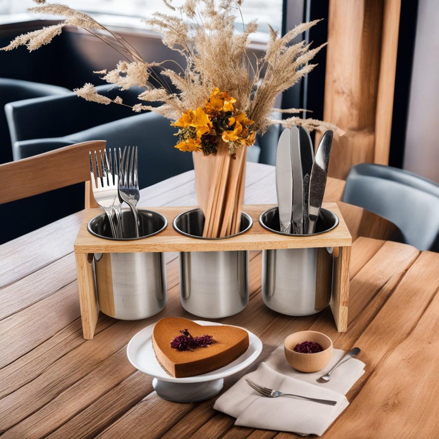 ZOOFOX 3 Pack Silverware Holder, Stainless Steel Utensil Organizer with Wood Base, Flatware Caddy for Spoons, Knives and Forks, Great for Kitchen Table, Cabinet, Pantry