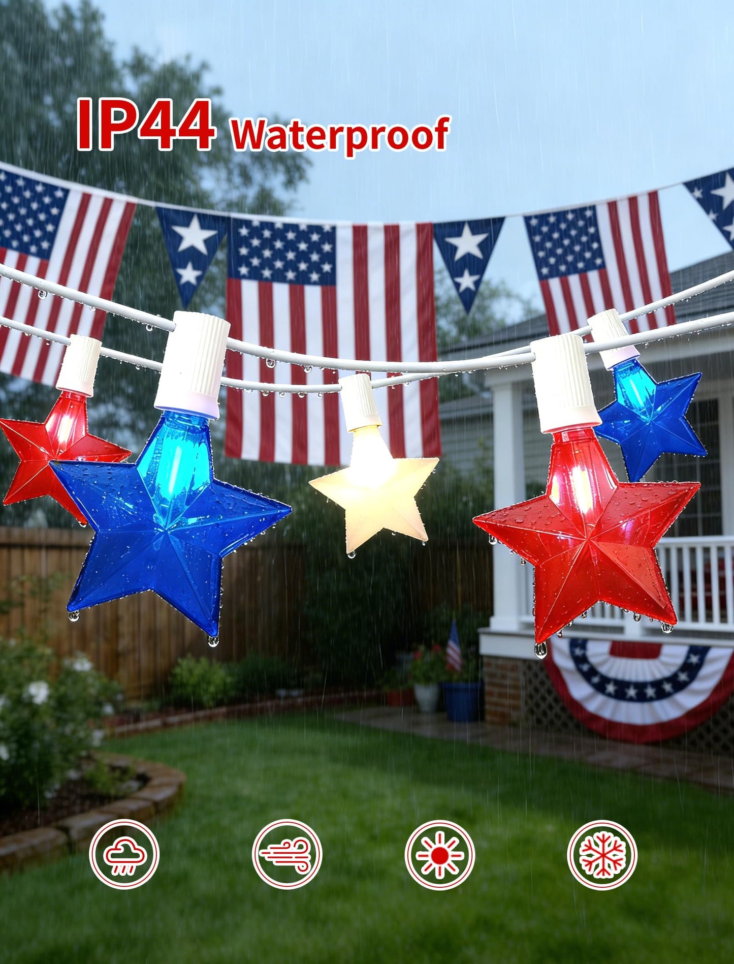 Adirxon 50FT 25-Light Patriotic Star String Lights, Red White and Blue LED Star Lights with White Wire, IP44 Water-Resistant 4th of July Decorations for Independence Day, Patio and Party Décor
