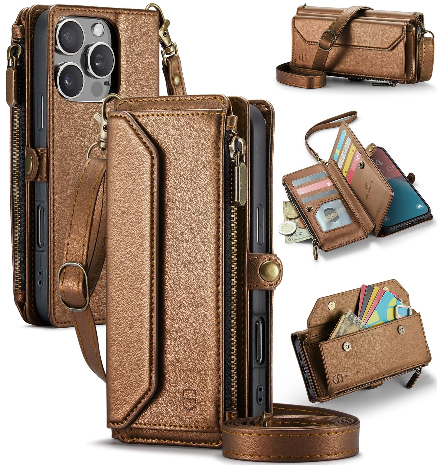 Strapurs Wallet Case Compatible with iPhone 16 Pro Max 6.9" RFID Blocking 10-Card Holder Soft PU Leather Magnetic Snap Shoulder Strap Zipper Pocket Phone Case Fit for iPhone 16 Pro Max - Brown