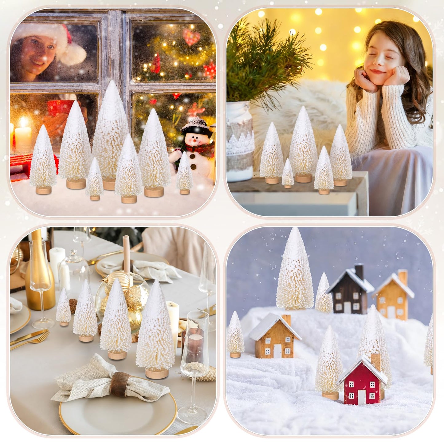 Leyndo 9 Pcs White Snow Flocked Artificial Mini Christmas Tree Sisal Bottle Brush Trees with Wood Base Christmas Pine Trees for Autumn Winter Holiday Kitchen Home Party Decor