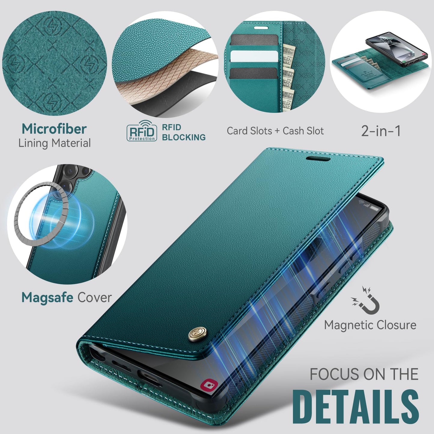 PlusnapX Wallet Case for Samsung Galaxy S24 Ultra Compatible with Magsafe, 2-in-1 PU Leather Flip RFID Blocking Card Holder Stand Shockproof Magnetic Detachable Cover for Galaxy S24 Ultra, Bluegreen