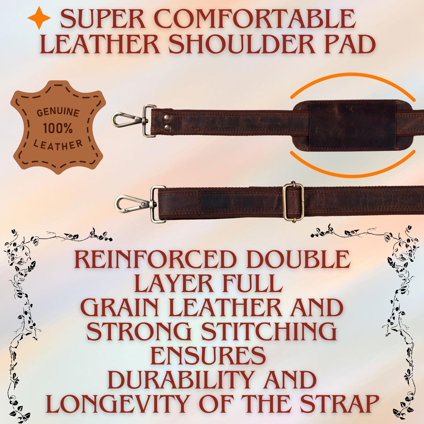Hell Blues Bag Strap Replacement - Genuine Leather double layered with Brass Swivels Adjustable Shoulder Strap for Messenger, Laptop, Camera, Travel Bags (Cinnamon Rustic Brown)