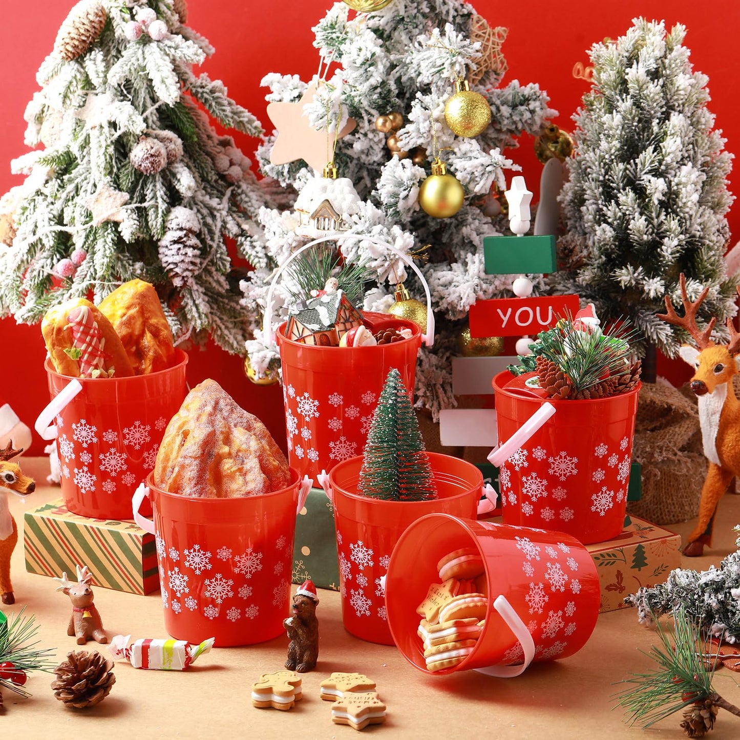 Sunnychicc 24 Pcs Christmas Plastic Buckets with Handle 4.69 x 3.78 x 4.8 Inch Christmas Snowflake Buckets Small Red Candy Pails Gifts Decorative Item Baskets for Winter Holiday Party Decorations