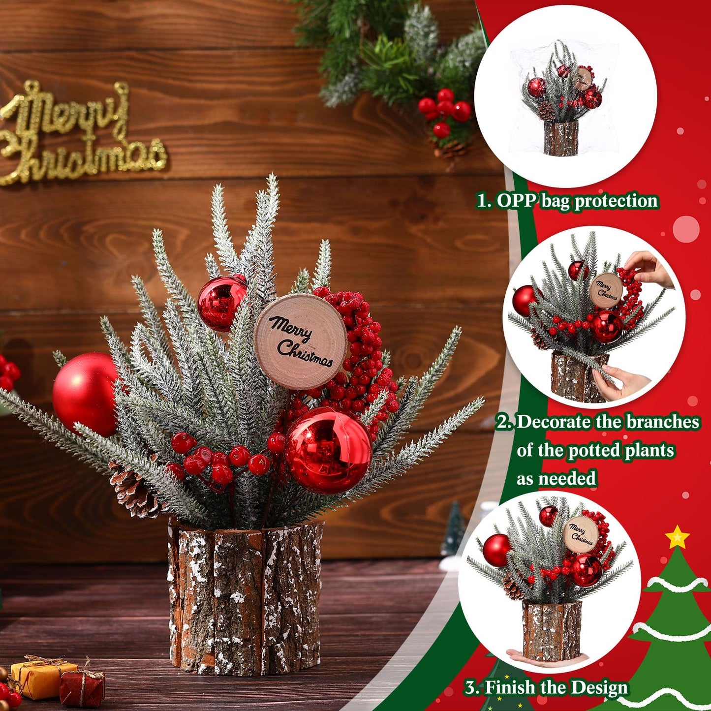 Zhehao Mini Tabletop Christmas Tree 12'' Small Artificial Christmas Tree Centerpiece Wooden Potted Plant with Red Ball Berry Pine Cone Merry Christmas Decor for Christmas Winter Shelf Table Home
