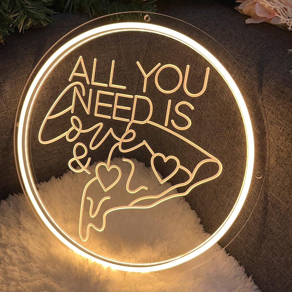 All You Need Is Love &Pizza Neon Sign For Wall Decor 3D Art Carving Design Indoor Bedroom Led Neon Signs Backdrop Flex Christmas Party Business Room Shop Window Birthday Gift(Warm White,USB,30×30CM)