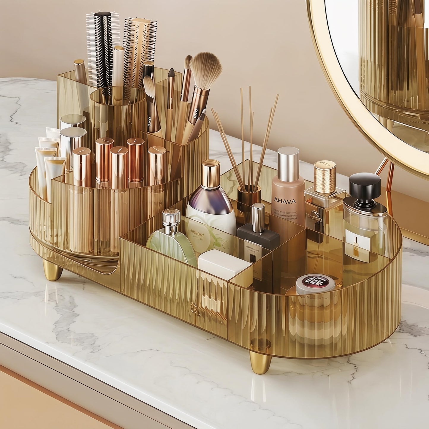 Booklov Rotating Makeup Organizer for Vanity, Large Capacity Cosmetic Display Case, Clear Acrylic Countertop Beauty Storage Holder for Skincare, Brush Eyeshadow Lipstick, Counter Desk, Crystal Amber