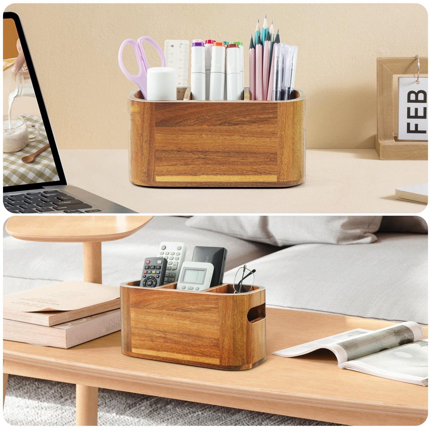 SWKHDKX Acacia Wood Pencil Pen Holder for Desk, Wooden Office Organizer with 3 Slots for Countertop, Makeup Brush Holder Remote Control Organizer for School Home Supplies