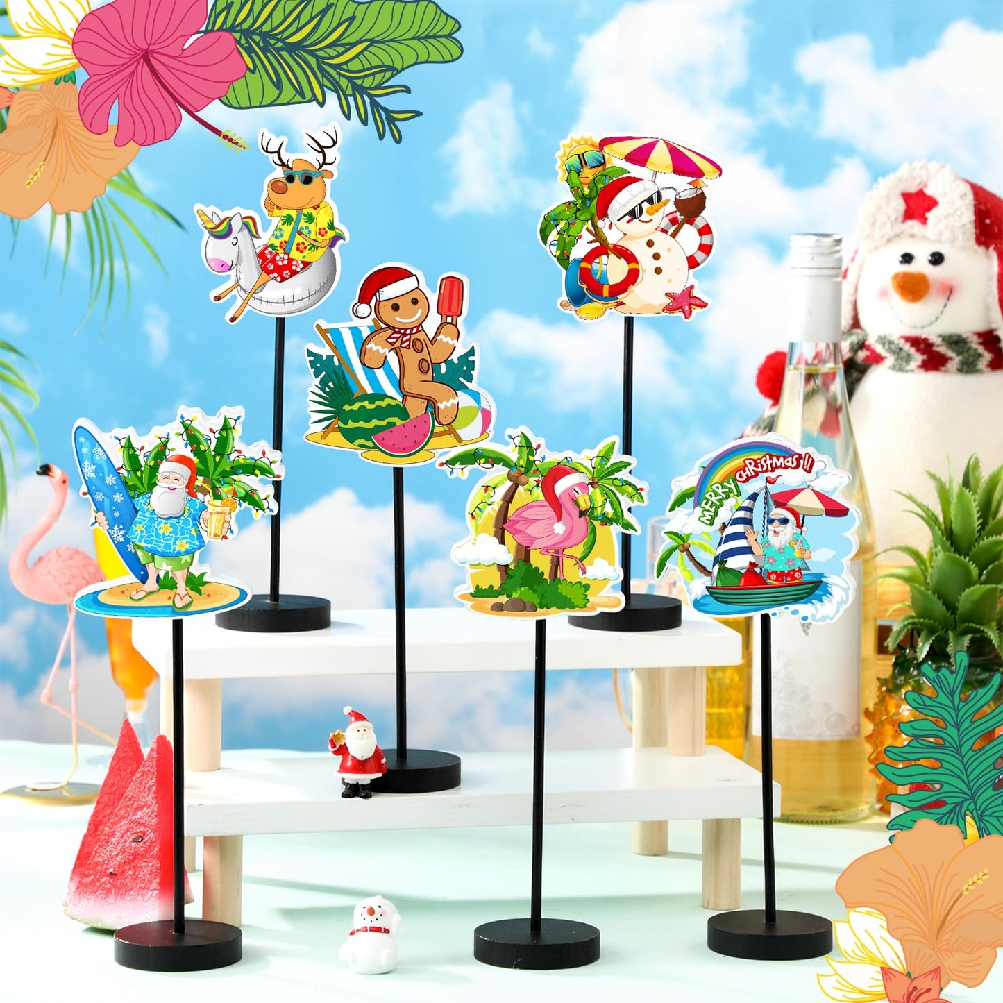 DoubleFill 6 Pcs Christmas Table Decor Standing Signs Hawaii Decoration for Table Centerpieces Wooden Sign Santa Flamingo Palm Tree Beach Party Tabletop Decor for Home Office Room Desk