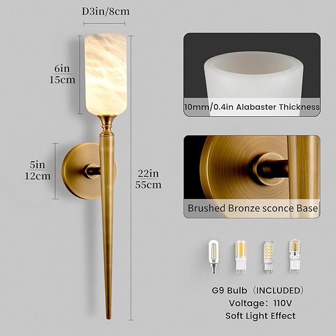 Alabaster Wall Sconce Set of 2, 22in Modern Brass Spanish Natural Marble Bathroom Vanity Sconces, Indoor Gold Wall Lighting Fixtures Decor for Bedroom Living Room Staircases