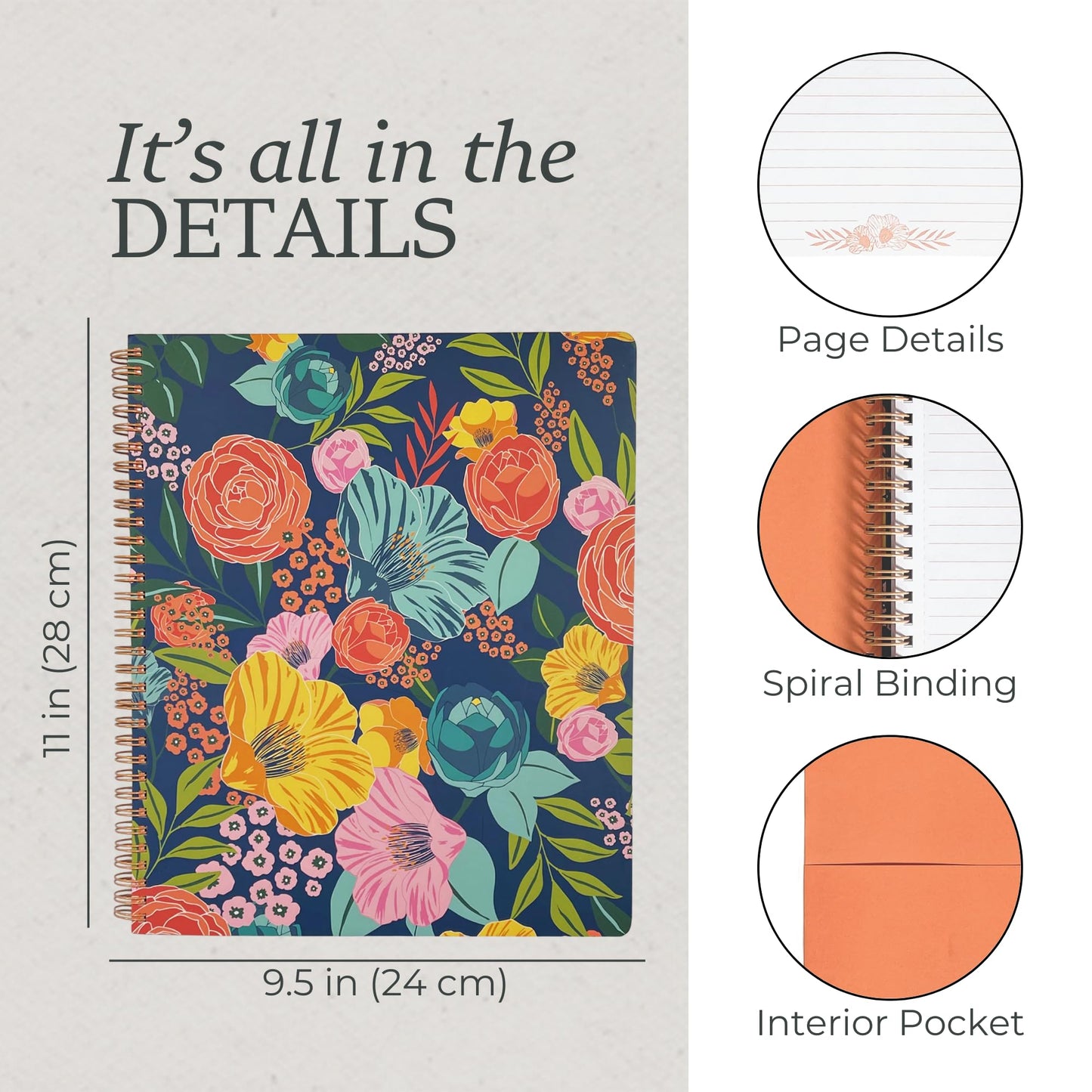 Steel Mill & Co Cute Large Spiral Notebook College Ruled, 11" x 9.5" with Durable Hardcover and 160 Lined Pages, Garden Blooms (Navy)