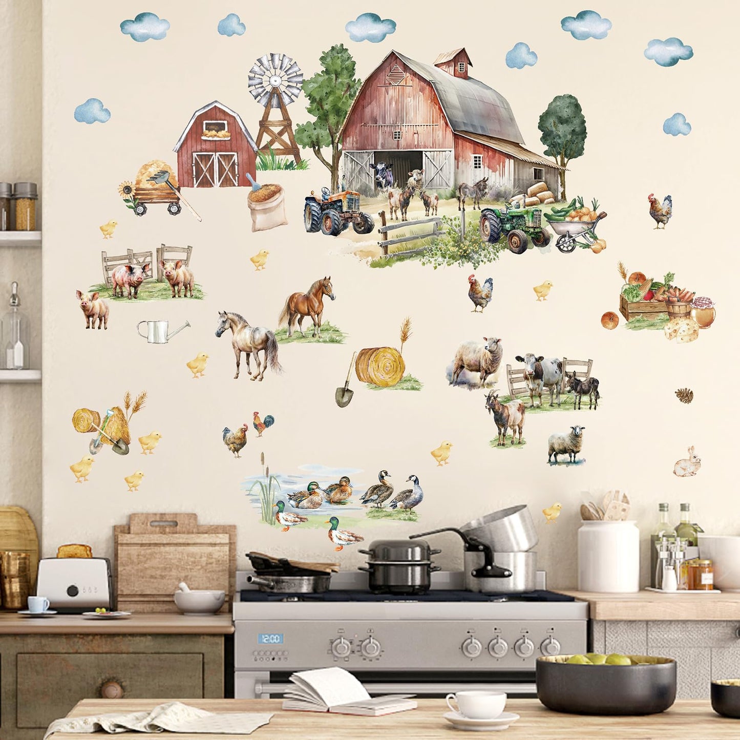 Large Farm Animal Wall Decals Peel and Stick Funny Animal Wall Stickers Farmhouse Decoration Sheep Chicken Rooster Duck Horse Pig Cow Cute Farm Wall Stickers for Kids Room Playroom Kitchen Decor