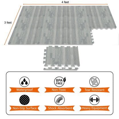 Sorbus Wood Floor Mats Foam Interlocking Mats Each Tile 1 Square Foot 3/8-Inch Thick Puzzle Wood Tiles with Borders – for Home Office Playroom Basement (16 Tiles 16 Sq ft, Wood Grain - Gray)