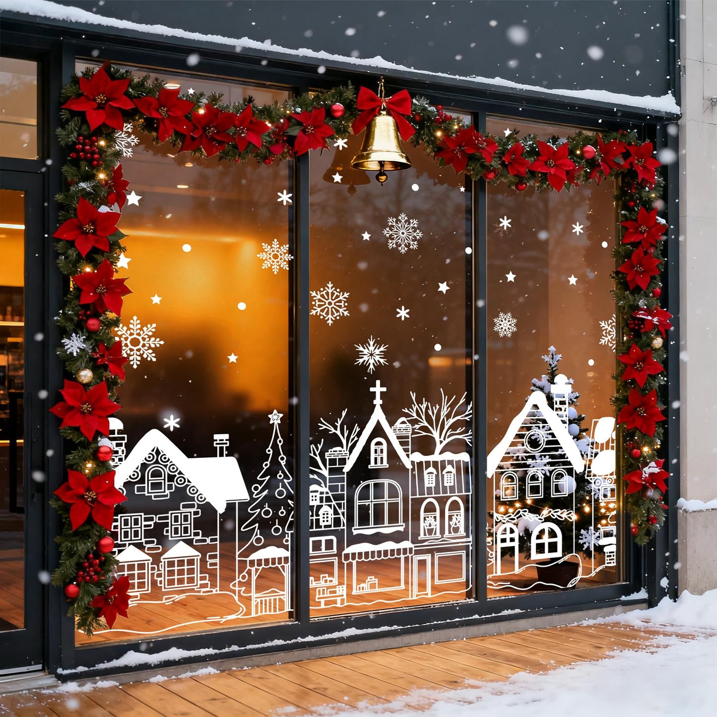 JarThenaAMCS 13.8 * 35.4'' Extra Large Christmas Window Clings 4 Sheets White House Snowflake Xmas Tree Window Stickers Double-Sided Glass Decals for Winter Xmas Home Classroom Office Party Decoration